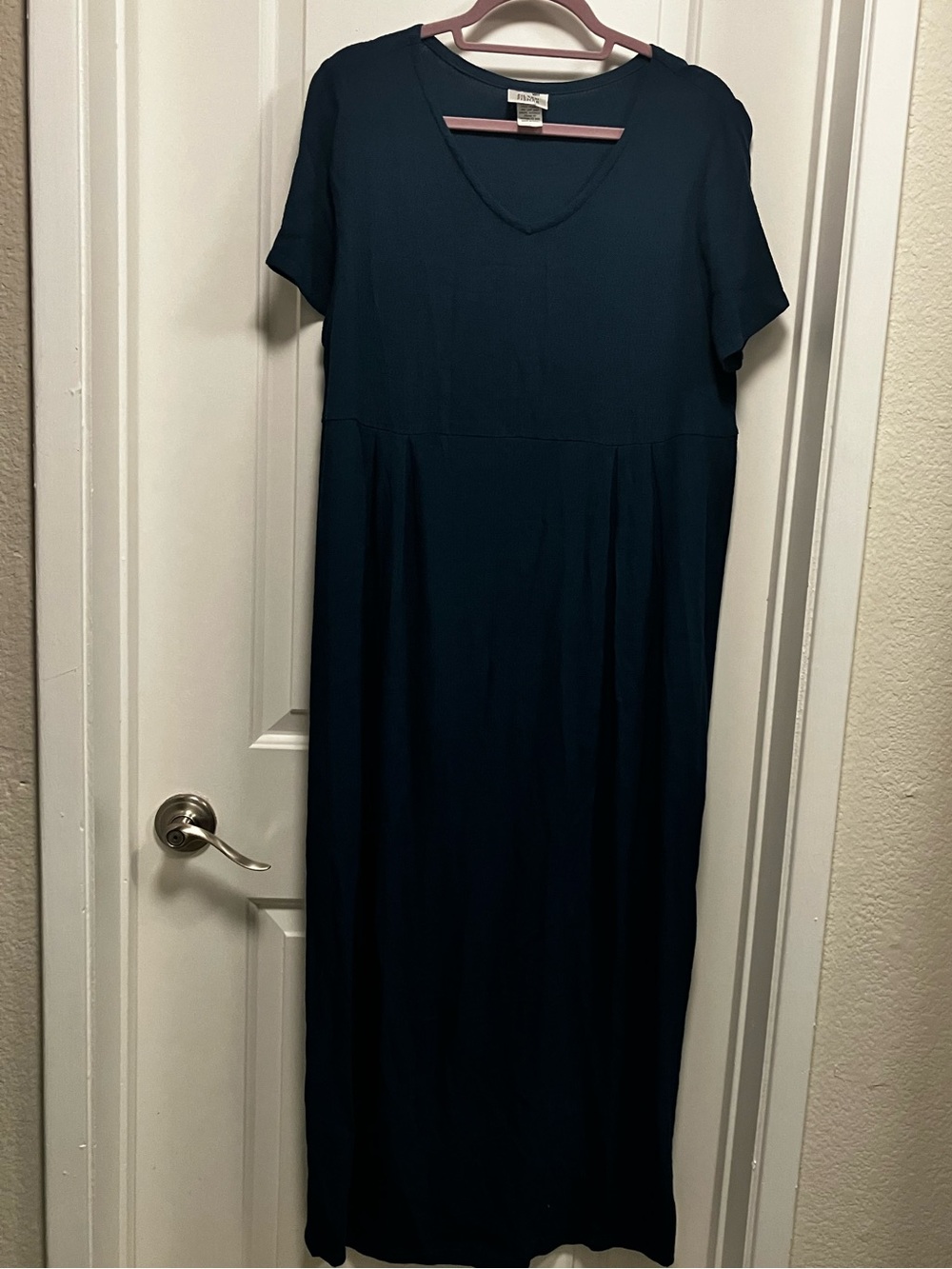 EILEEN FISHER Blue Rayon Maxi Dress Womens Large Short Sleeve V-Neck Made in USA